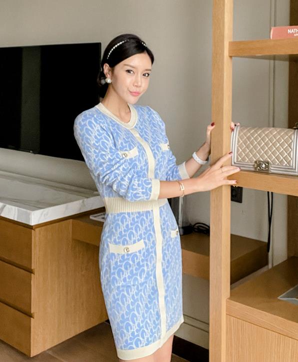 Korean Style Printing Show Waist Knitting Dress