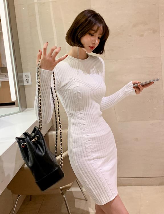 Korean Style Pure Color Knitting Slim Dress