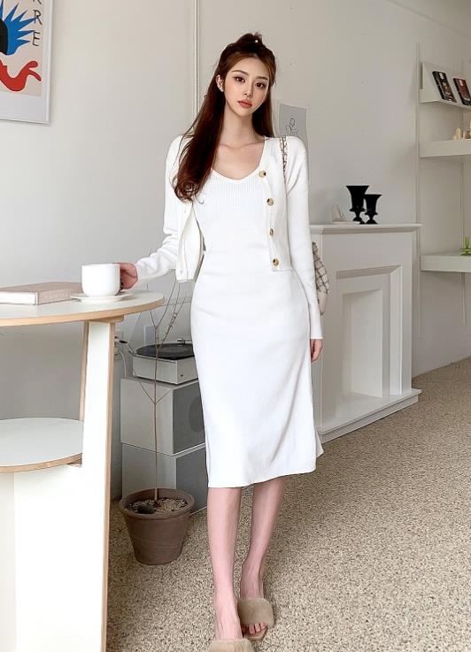 Korean Style Pure Color Knitting Slim 2pcs  Dress