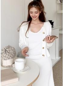 Korean Style Pure Color Knitting Slim 2pcs  Dress 