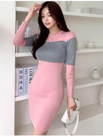 For Sale Color Matching Slim Knitting Dress