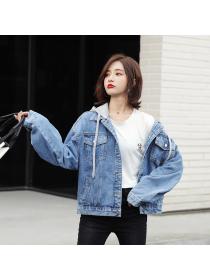 Outlet Vintage style Loose-fitting Hoodies Casual Denim jacket 