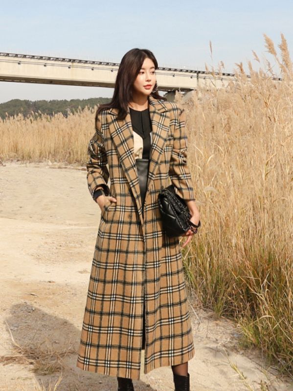 Korean Style Grid Printing Show Waist Long Coat