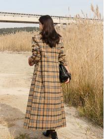 Korean Style Grid Printing Show Waist Long Coat