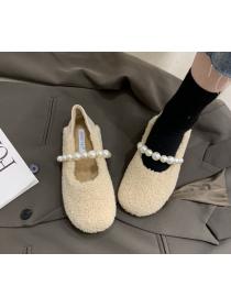 Outlet Winter warm wool shoes wool and fleece flat shoes with a pearl chain
