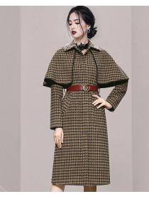 Doll Collars Grid Printing Show Waist Long Coat 