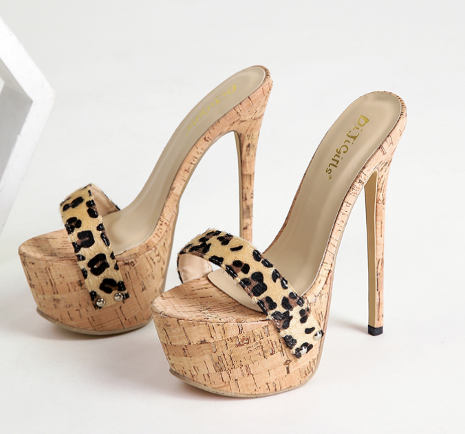 Outlet European style simple leopard print 16cm high heel Slipper