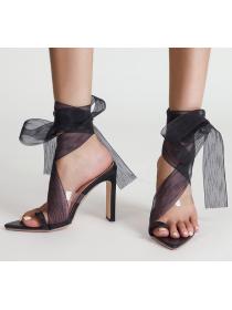 Outlet European style simple ribbon comfortable 12cm heel sandals