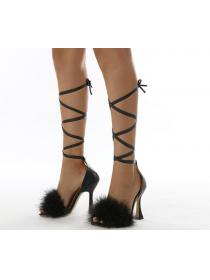 Outlet European  style simple and comfortable runway feather strappy heel sandals