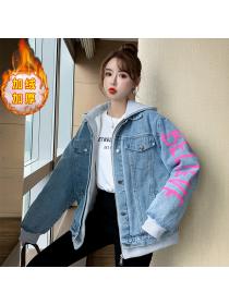 Outlet Trending Winter new Korean fashion Loose Thicken Warm Letter Denim Jacket