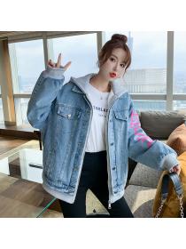 Outlet Trending Winter new Korean fashion Loose Thicken Warm Letter Denim Jacket 