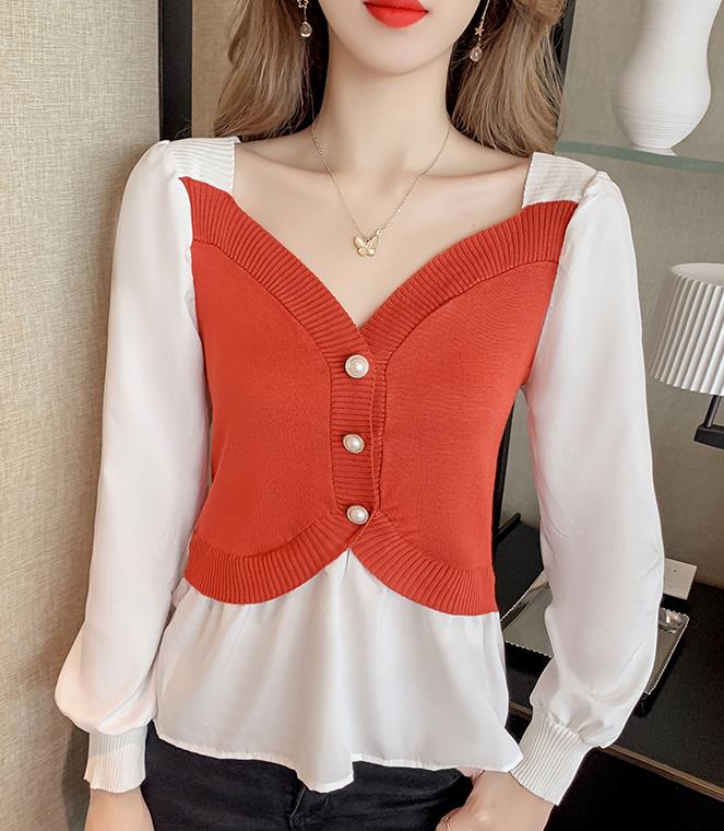 On Sale V  Collars Color Matching Fashion Blouse