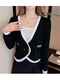 On Sale V  Collars Color Matching Fashion Blouse 