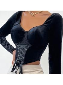Outlet hot style Plain velvet Lace-up waist slimming long-sleeved crop T-shirt for women