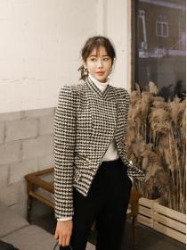 Korean Style Grid Printing Show Waist Short Coat 