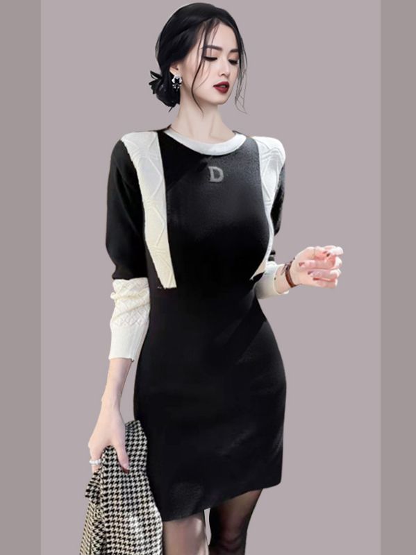 Korean Style Color Matching Slim Knitting Dress