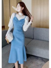 Stand Collars Pure Color Puff Sleeve Top+Strap Fashion Pure Color Dress 