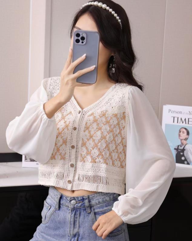 Korean Style Hollow Out Pure Color Chiffon Matching Top