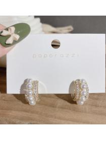 Korean fashion S925 silver needle C-shaped Zircon pearl earrings temperament Simple pearl earring...