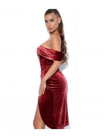 Outlet hot style Sexy off-shoulder velvet Corset Pleated high slit midskirt autumn and winter dress