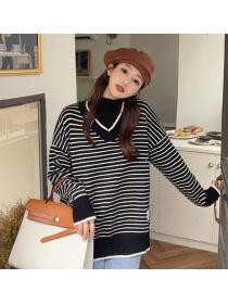 Korean Style High Collars Stripe Loose Sweater