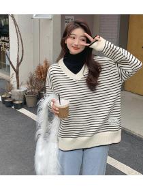 Korean Style High Collars Stripe Loose Sweater