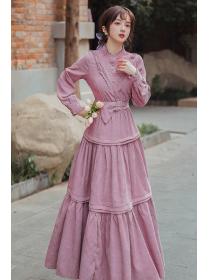 Outlet Autumn and winter New Vintage style purple corduroy dress slim Maxi Dress for female