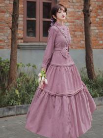 Outlet Autumn and winter New Vintage style purple corduroy dress slim Maxi Dress for female 