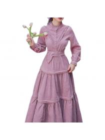 Outlet Autumn and winter New Vintage style purple corduroy dress slim Maxi Dress for female 