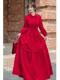 Outlet Vintage style fashion Red Velvet Elegant Slim Winter Maxi dress