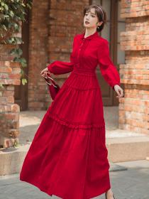 Outlet Vintage style fashion Red Velvet Elegant Slim Winter Maxi dress 