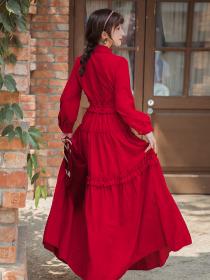 Outlet Vintage style fashion Red Velvet Elegant Slim Winter Maxi dress 