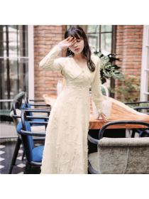Outlet Vintage style single-breasted skirt slimming long-sleeved Maxi dress
