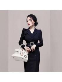 Outlet Korean fashion Suit collar Slim Elegant Long-sleeved Dress
