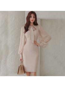 Outlet Autumn new Korean fashion Bowknot Elegant Round-neck Mesh splicing Office Lady Dress