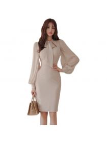 Outlet Autumn new Korean fashion Bowknot Elegant Round-neck Mesh splicing Office Lady Dress