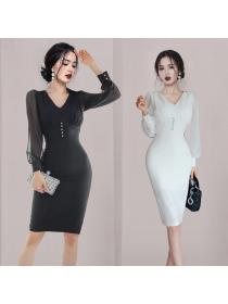 Outlet Autumn/Winter new Korean fashion v-neck Hip wrap Long-sleevd Office Lady Dress