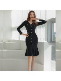 Outlet Winter new Korean style single breasted Fishtail Long-sleeved dress