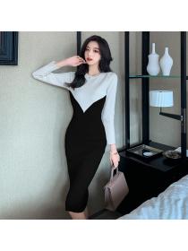 Outlet Winter fashion Black and white splicing knit dress