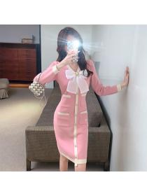 Outlet Autumn and winter V-neck temperament bow tie Knitted Hip wrap dress 