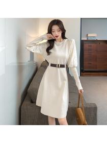 Outlet New Korean style ladies temperament Lace stitching long-sleeved knitted dress