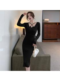 Outlet Vinatage style sexy temperament Slimming Knitted dress cross base skirt