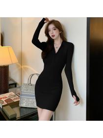 Outlet Sexy hot girl style zipper High-neck long-sleeved knitted dress