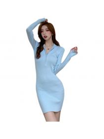 Outlet Sexy hot girl style zipper High-neck long-sleeved knitted dress