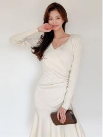 Korean Style Pure Color Drape Slim Dress