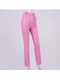 Outlet Winter new women's fashion PU fleece Wrap hip Straight cut pants leather pants casual pants