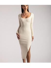 Outlet New women's knitted Square neck Slit Long-sleeved long skirt women's slim knitted dress