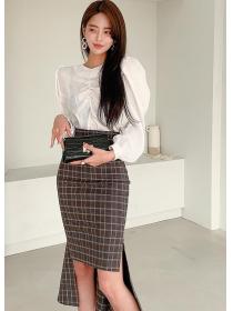 On Sale Pure Color Drape Top+Grid Printing Tall Waist Skirt 