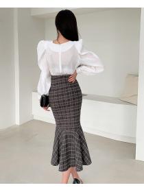 On Sale Pure Color Drape Top+Grid Printing Tall Waist Skirt 