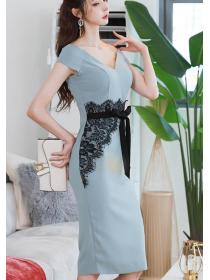 Korean Style V  Collars Lace Matching Dress 